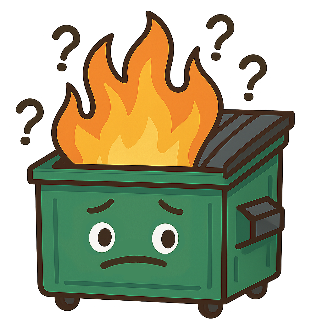 Smiling cartoon dumpster on fire.